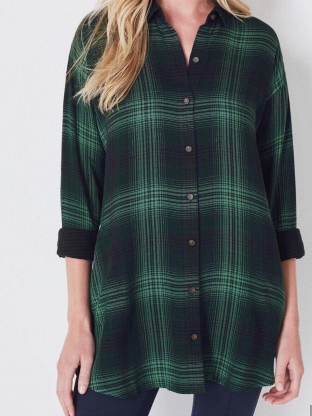 J. Jill Relaxed Double Cloth Plaid Spruce Green
Button Up Pockets Tunic Top Lp